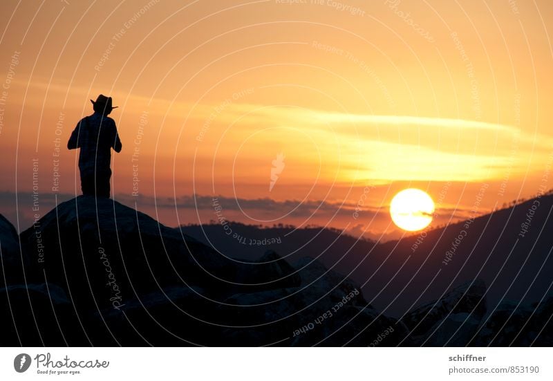 Lonesome cowboy Masculine Young man Youth (Young adults) Man Adults 1 Human being Sky Sun Sunrise Sunset Sunlight Summer Beautiful weather Hill Mountain Yellow