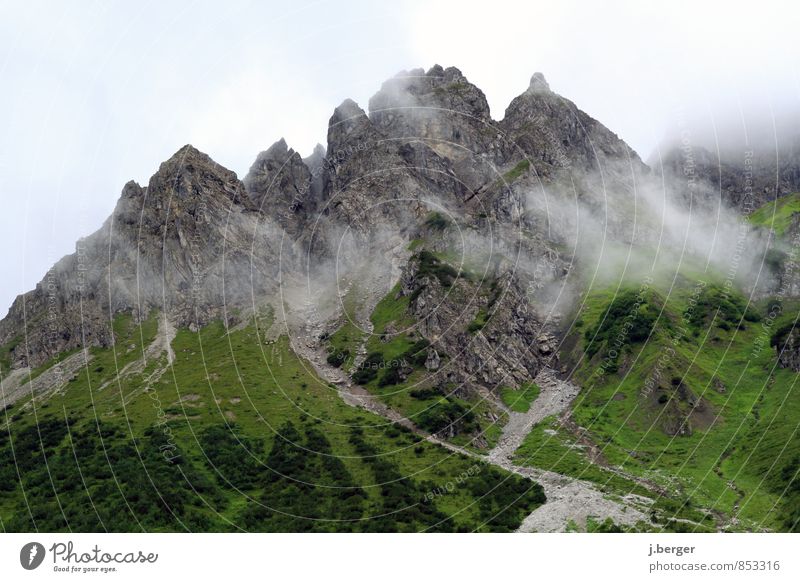 wadded Nature Landscape Plant Elements Clouds Summer Autumn Weather Bad weather Fog Rain Rock Alps Mountain Peak Threat Gray Green White Veil of cloud