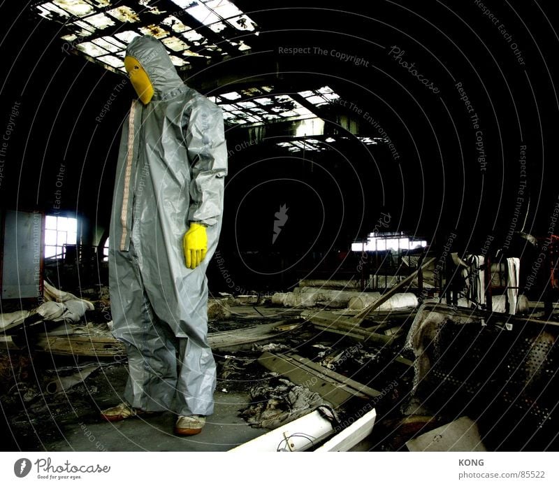 left Gray-yellow Yellow Decline Industrial Photography Gloves Suit Working clothes Trash Derelict Stand Loneliness Grief Room Individual Warehouse Depot Stay