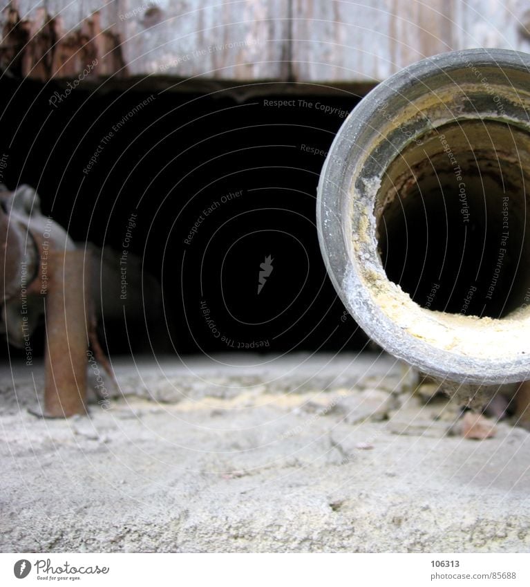 PHOTOCASE (c) FLOW PIPE Drainpipe Black Square Practical Steel Trash Disgust Derelict Decompose Drainage system Opening Looking Mysterious Old building Wood