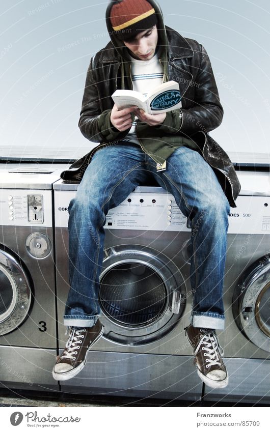 Philosophic Vibrations Washer Chucks Reading Book Cap Go under Easygoing Drum Detergent Laundry Laundromat Clean Dangle Youth (Young adults) thrown out Sit Wait