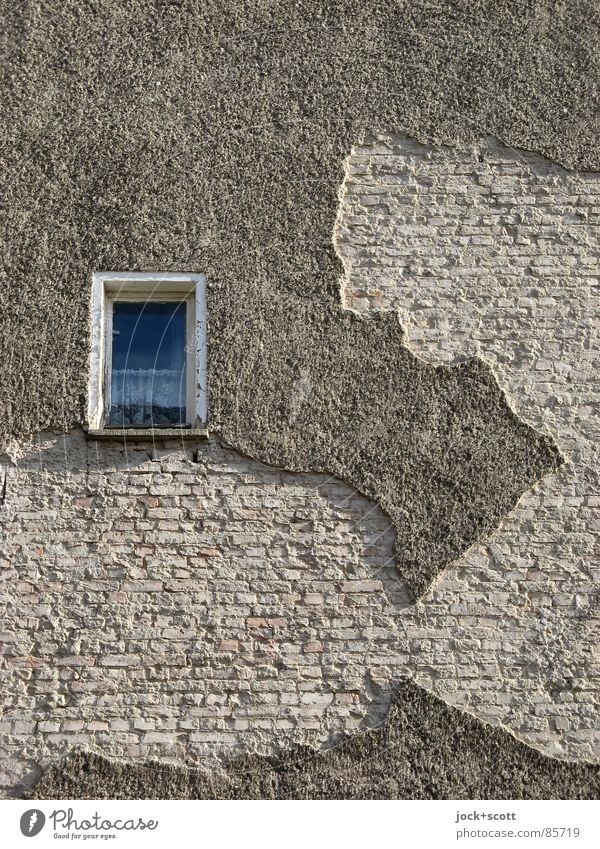 crumbly facade or Italy on the house wall Facade Window Brick Broken Gloomy Gray Decline Transience Change Curtain Italian Ravages of time Rendered facade