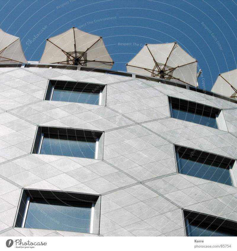 Summer on the roof Colour photo Exterior shot Deserted Day Worm's-eye view Sky Vienna Austria Europe High-rise Facade Window Modern Town Sunshade Roof terrace