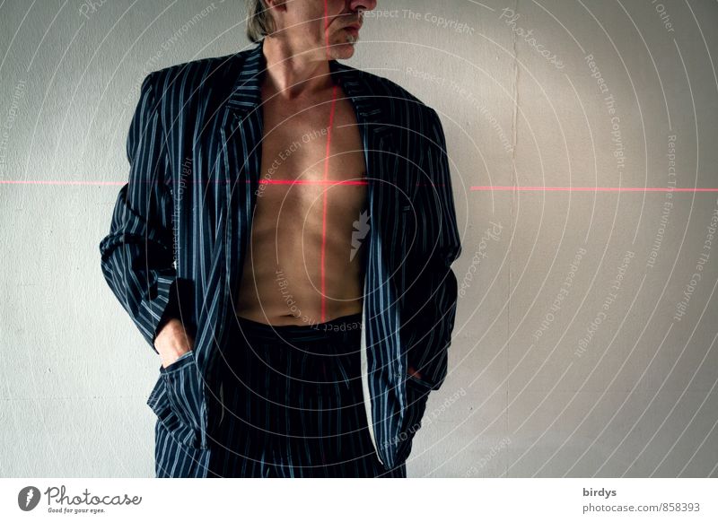 Man with jacket , suit and naked upper body with a crosshair of laser lines on the heart Adults Body Head 1 Human being 45 - 60 years Suit Jacket Crosshair