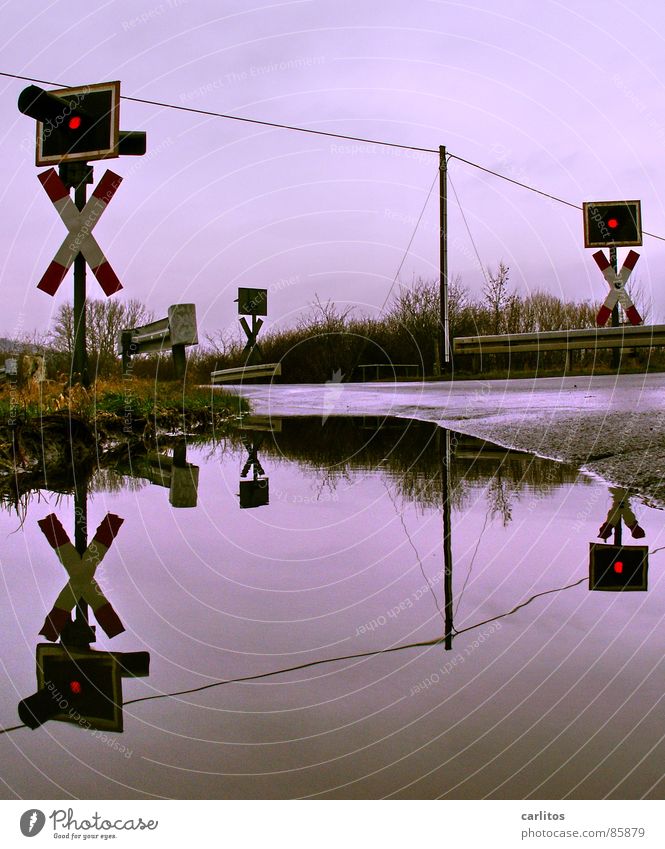 After the big rain ... Railroad crossing Puddle 2 Symmetry St. Andrew's Cross Crash barrier Railroad tracks Station Rain Roadblock Signs and labeling