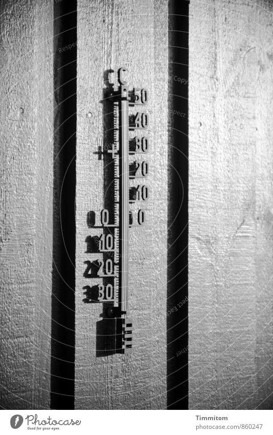 26° in the sun. Vacation & Travel Thermometer Denmark Vacation home Wall (barrier) Wall (building) Shadow Line Black & white photo Wood Digits and numbers