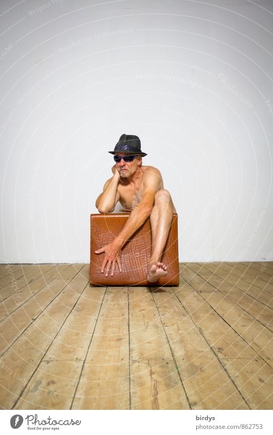 Naked man with sunglasses, hat and an old suitcase in a funny pose Moving (to change residence) Room Wooden floor Masculine Man Adults 1 Human being