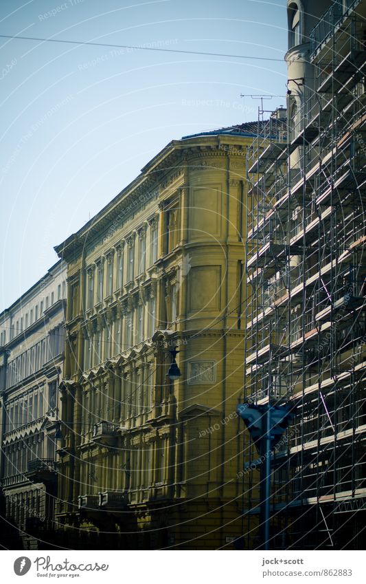 Front side south, street in Prague Construction site World heritage Cloudless sky Downtown Old town Building Facade Corner Scaffold Authentic Elegant Historic