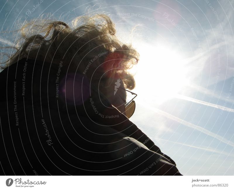 EK silhouette incognito Woman Head Sky Beautiful weather Wind Jacket Sunglasses Curl To enjoy Dazzle Frizzy Light heartedness Shock of hair Coaxing Firmament