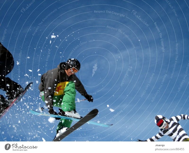 Three jump Colour photo Exterior shot Copy Space top Day Snow Mountain Sports Winter sports Sporting event Skis Snowboard 3 Human being Boots Movement Jump
