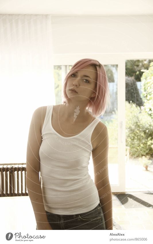 Portrait of a young woman with pink hair in undershirt in a bright room Heater Young woman Youth (Young adults) 18 - 30 years Adults Youth culture Subculture