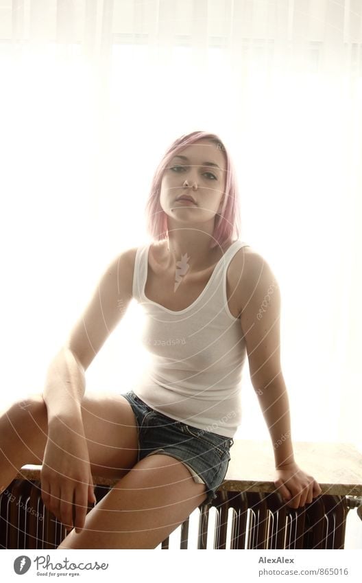 Portrait of a young, slim woman with pink hair sitting casually on a radiator in front of a window Living room Young woman Youth (Young adults) 18 - 30 years
