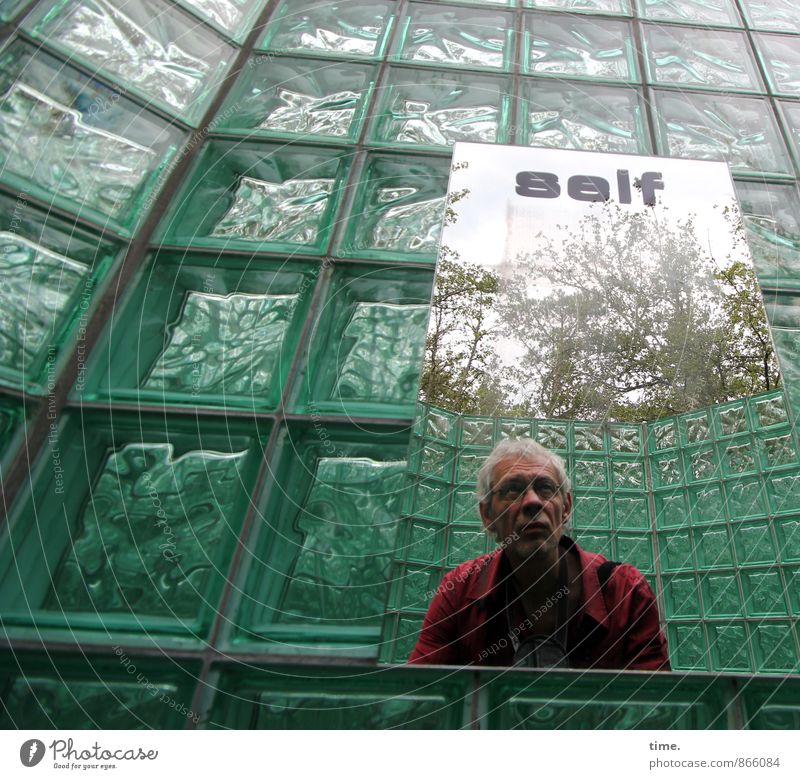 Man in front of mirror between glass blocks Masculine 1 Human being Art Exhibition Work of art Sculpture Wall (barrier) Wall (building) Glass block Mirror