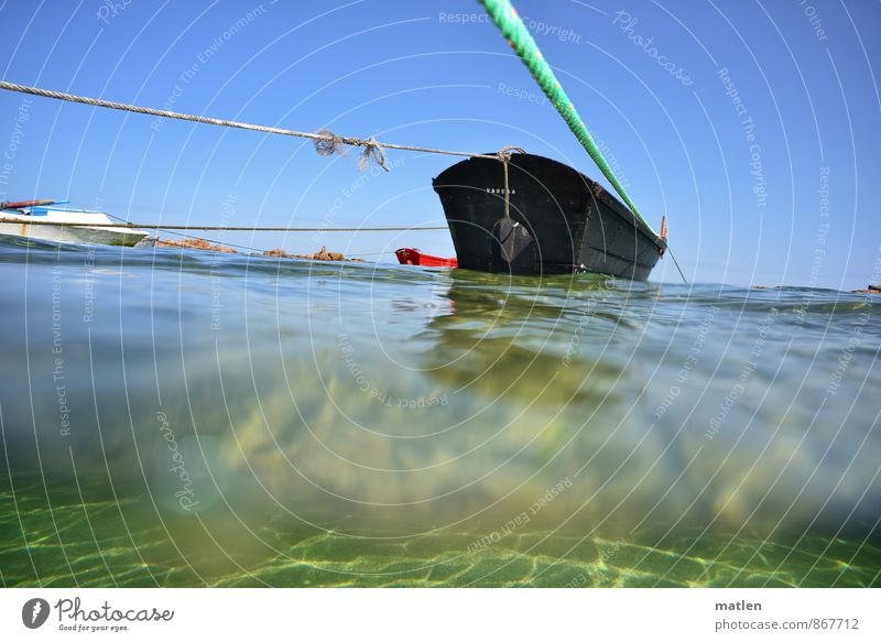 astern Water Sky Cloudless sky Horizon Summer Weather Beautiful weather Waves Ocean Navigation Fishing boat Blue Green Red Black Stagnating Rope moored