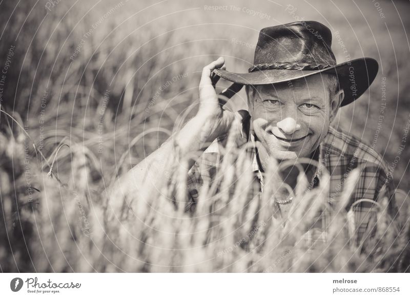 cowboy in the field Human being Masculine Man Adults Face Hand Shoulder 1 45 - 60 years Environment Landscape Sun Summer Beautiful weather Agricultural crop
