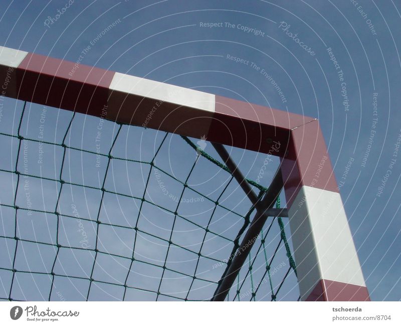 toooor! Sports Soccer cross Deserted Net Warning colour Corner Worm's-eye view Detail Sky Goal Pole Goalpost corner