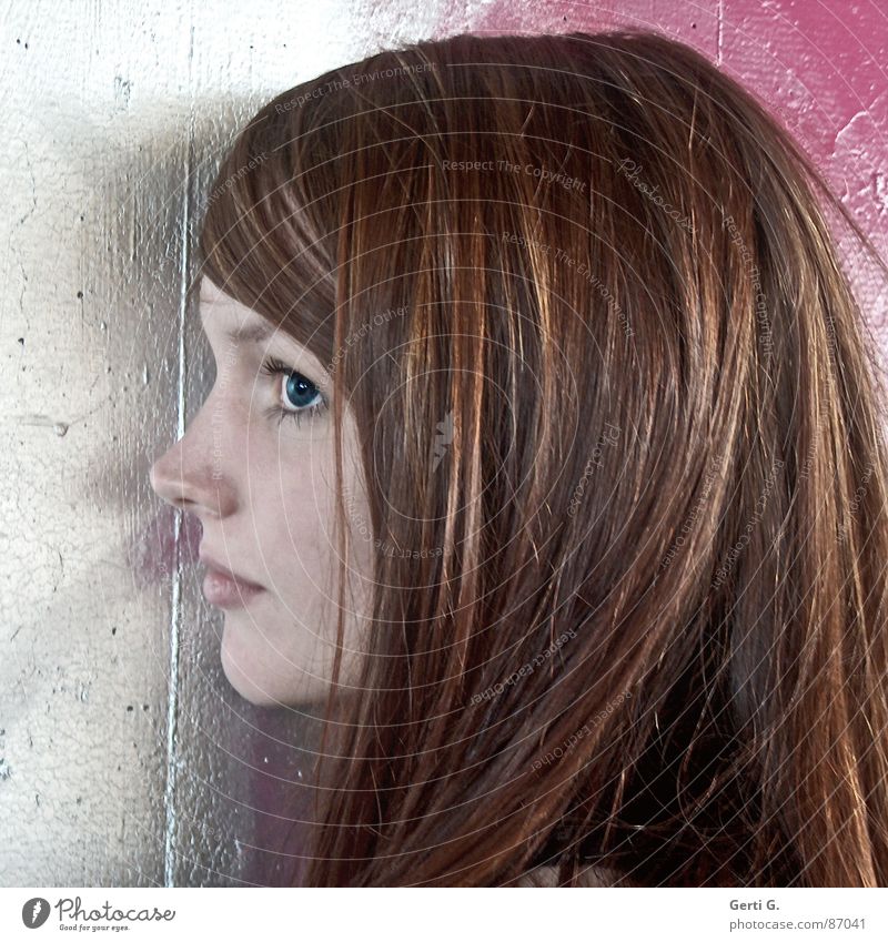 one-sided Portrait photograph Woman Wall (barrier) Facade Pink Red-haired Beautiful Long-haired Profile One-eyed Delicate Obstinate Trust monocular Human being
