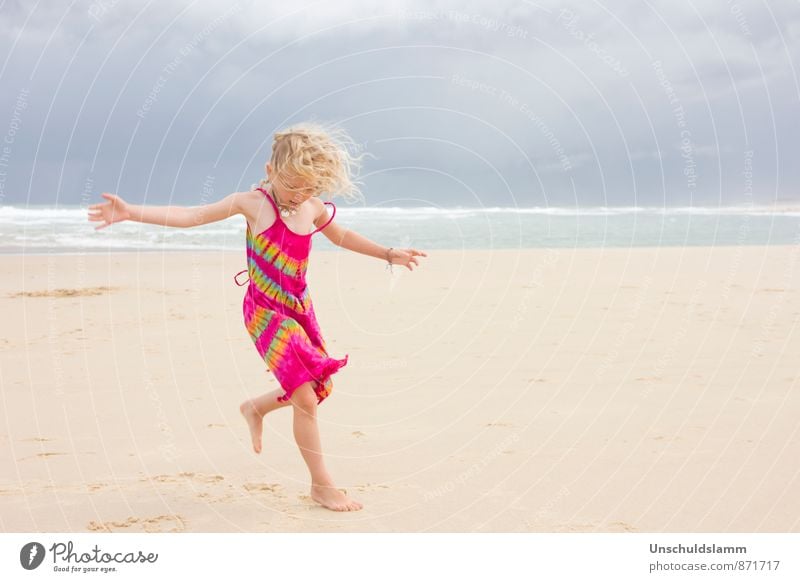 Here comes the sun! Playing Children's game Vacation & Travel Summer Summer vacation Beach Human being Girl Infancy Life 3 - 8 years Clouds Storm clouds Wind