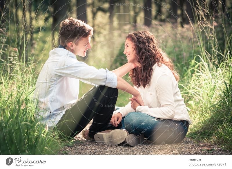 you and I Young woman Youth (Young adults) Young man Friendship Couple Partner 2 Human being Nature Forest Touch To hold on Crouch Smiling Love Looking Together
