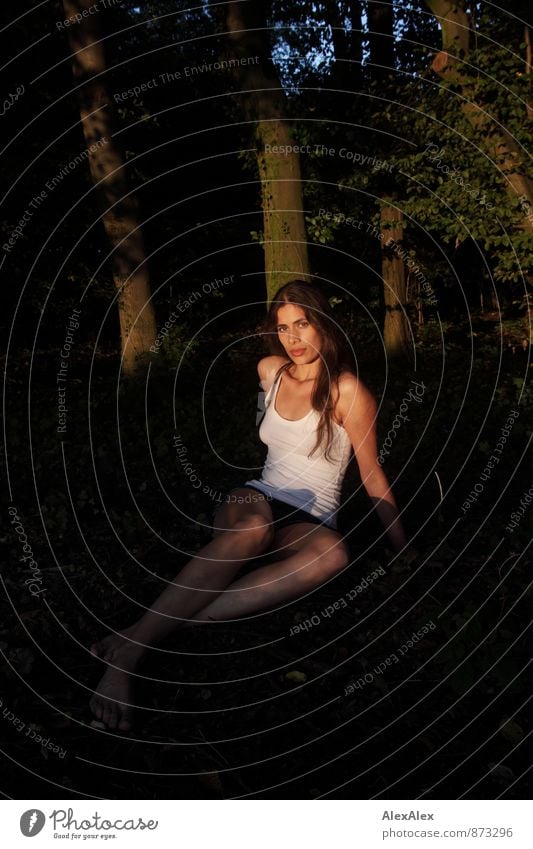 Young beautiful long legged woman sits barefoot in the evening sun in a forest clearing Young woman Youth (Young adults) Body Face 18 - 30 years Adults