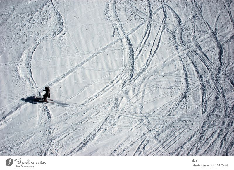 no longer fresh ll Bird's-eye view Virgin snow Powder snow Power Skier Skiing Winter sports snow covered mist Snow Tracks Curve Line Shadow Wavy line