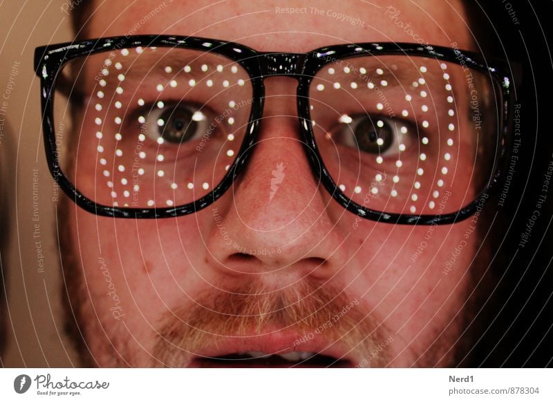 What? Human being Masculine Eyes Facial hair 1 Glittering Curiosity Crazy Fear Eyeglasses Light (Natural Phenomenon) Reflection Interior shot Isolated Image