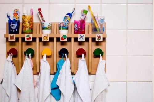 Order is half the life. Towel hook Toothpaste Toothbrush mug Kindergarten Preschool Education preschool education laundry room Tile Arrangement Infancy