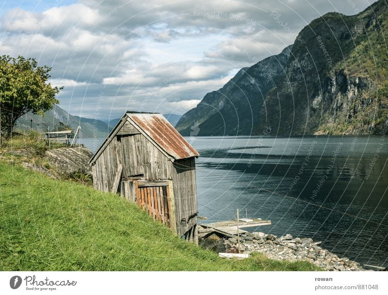hut Nature Landscape Hill Rock Mountain Coast Bay Fjord Ocean Fishing village House (Residential Structure) Hut Calm Norway Wooden house Idyll Old Hiking