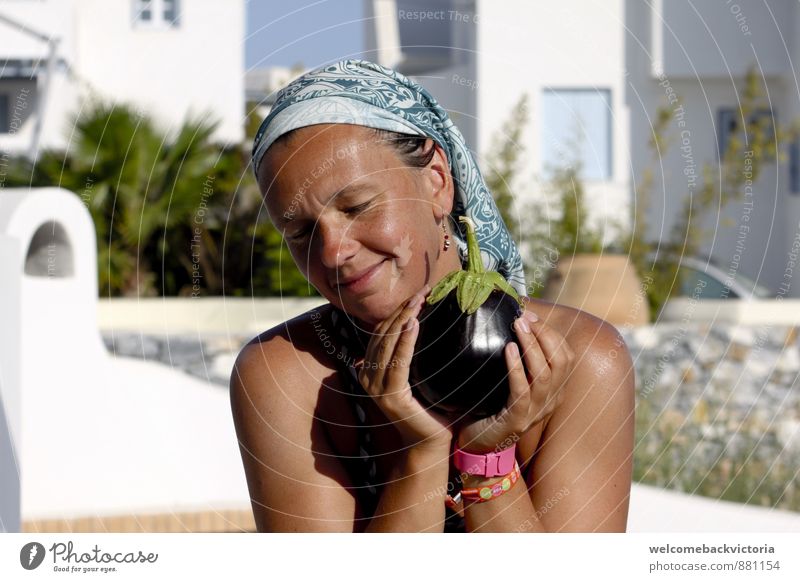 Happy smiling woman on holiday in Greece holding eggplant Food Vegetable Eating Organic produce Vegetarian diet Beautiful Vacation & Travel Summer Sun Body Skin