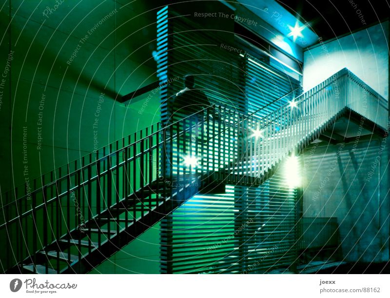 Ascent without abdomen Go up Dark Ghostly Green Career Long exposure Light Wall (barrier) Night Night shot Upper body Informer Detail Man Stairs Blue Appearance