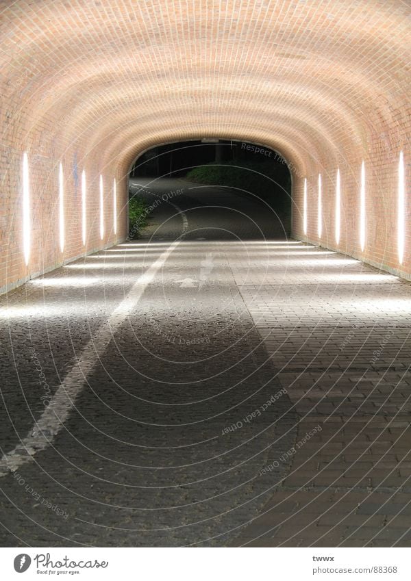 Away where? Tunnel Transport Brick Infinity Loneliness Claustrophobia Target Cycle path Direct Neon light Street lighting Doomed Night shot Shadowy existence