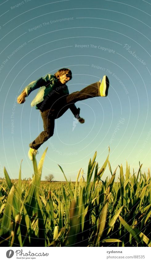 Jump into the field! III Hop Spring Meadow Grass Green Style Sunset Posture Blade of grass Worm's-eye view Sunbeam Kick Martial arts Man Fellow Field Straddle