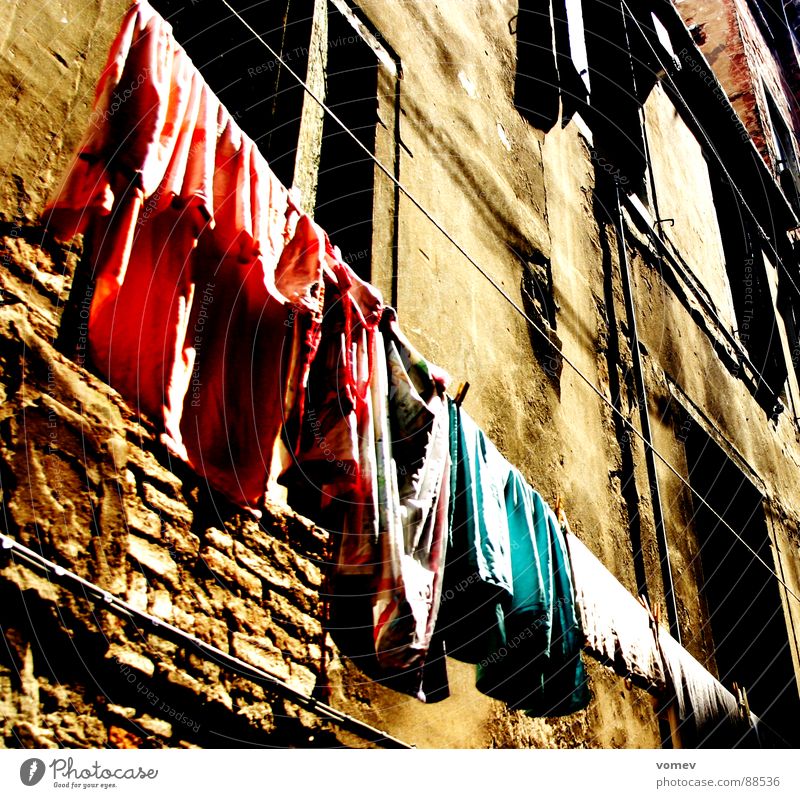 pure life Facade Laundry Clothesline Old fashioned Brown Wall (building) Derelict Life Rope Stone
