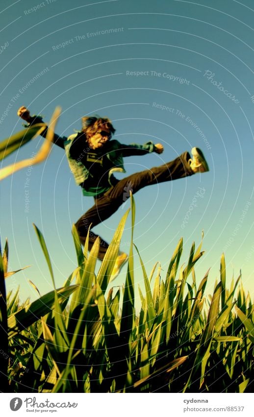 Jump into the field! IV Hop Spring Meadow Grass Green Style Sunset Posture Blade of grass Worm's-eye view Sunbeam Kick Martial arts Man Fellow Field Straddle