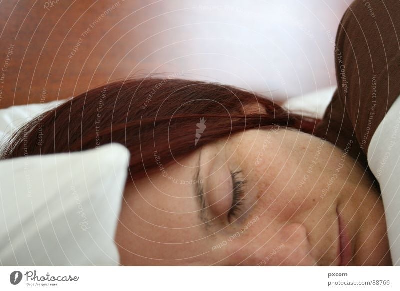 SLP Bed Sleep Good morning Woman Close-up White Brown Hotel Morning Eyes Hair and hairstyles