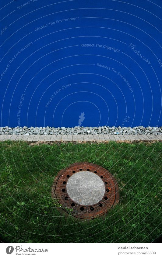 Manhole cover and blue Blue Green Grass Gully Facade Wall (building) Background picture Abstract Detail Sewer