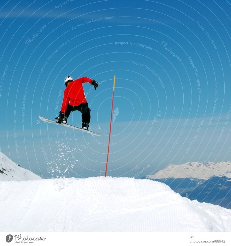 *jump* Snowboard Jump Red France Winter sports Blue Sky Mountain Alps Les 3 Vallées Meribel-Mottaret Snowboard Park Fun park Tall Touch Body control Brave
