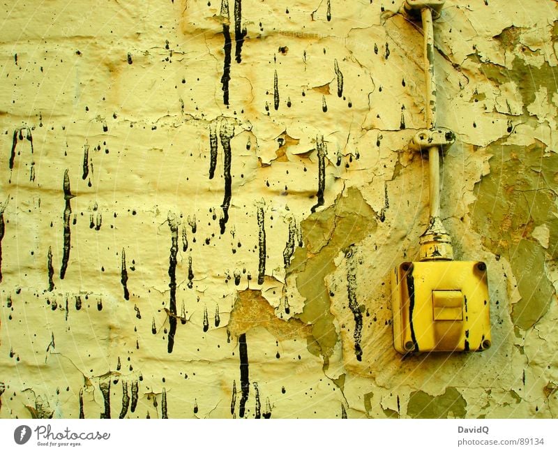 on/off Dirty Wall (building) Flaked off Black Sprinkled Light switch Plaster Wall (barrier) Derelict Old with Colour and 1 lacquer Cable Rust paint splashes