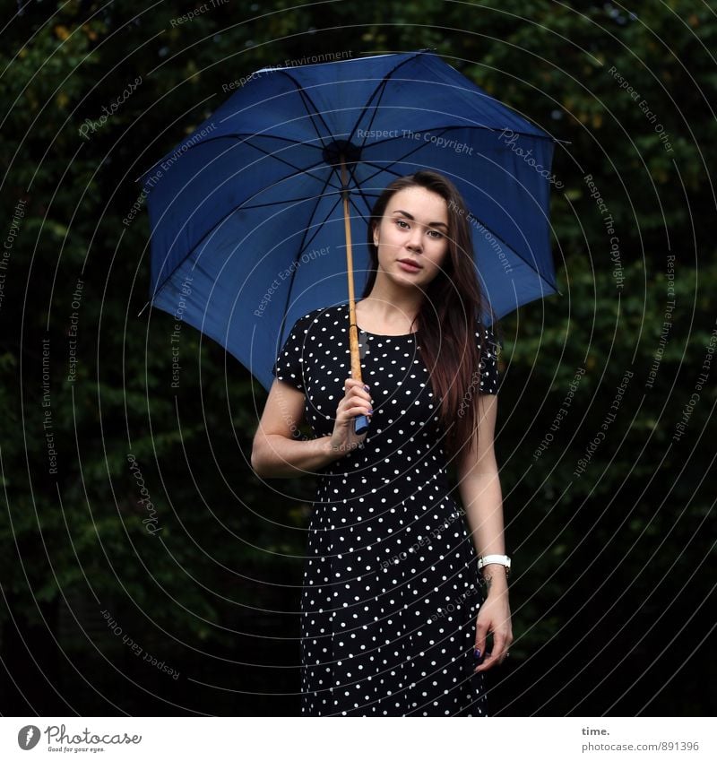 . Feminine Young woman Youth (Young adults) 1 Human being 18 - 30 years Adults Park Forest Dress Umbrella Brunette Long-haired Observe To hold on Looking Stand