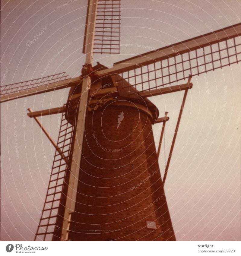 wind power Netherlands Mill Seventies Retro Summer Vacation & Travel Medium format Worn out Historic Wind energy plant 1971 Old Trashy holiday Scratch faded