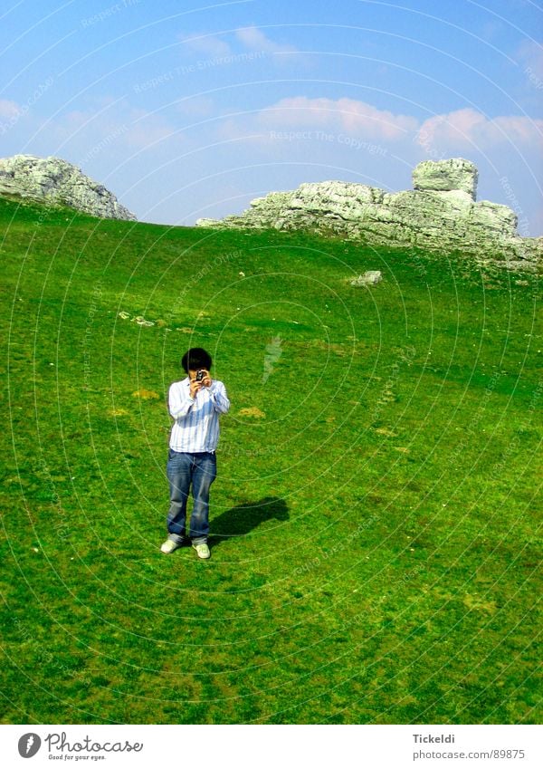 motif Arrangement Meadow Green White Photographer Clouds Loneliness Exterior shot Boredom Rock Sky Blue Bright Freedom