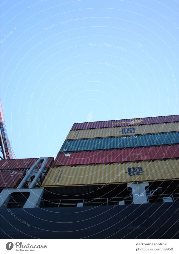 Container load 2 Cargo-ship Watercraft Accident Transport Logistics Stack Shipping Iron Fraud Turnover Trade Goods Store premises Unload Load White Crane