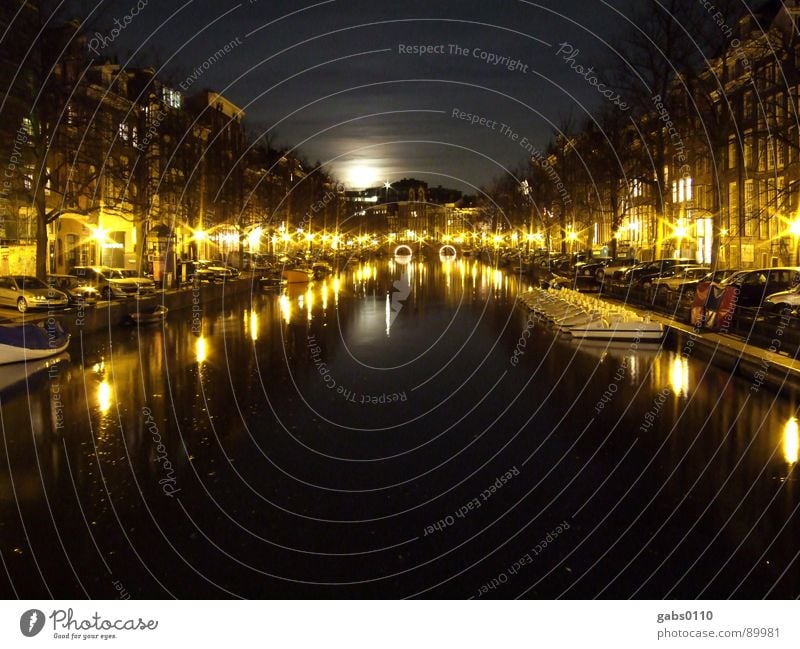 Night in Amsterdam Watercraft Dark Light Lantern Bridge Moon River Sewer