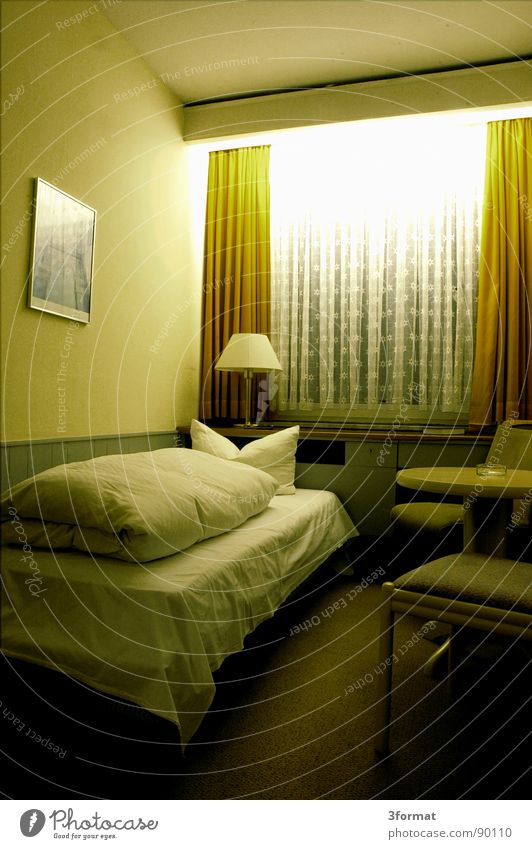 sad night04 Hotel Night Sleep Hotel room Bed Window Drape Room Bolster Furniture Bedclothes Loneliness Doomed Grief Distress Gloomy Gray Divide Twilight