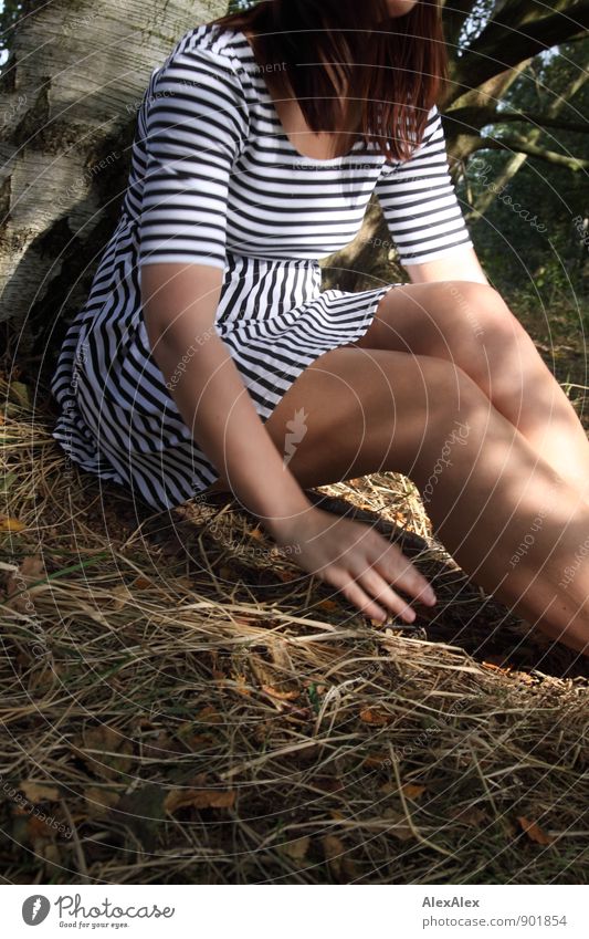 I'm almost gone - test picture without TV Young woman Youth (Young adults) Arm Hand Legs 18 - 30 years Adults Nature Grass Forest Summer dress Striped