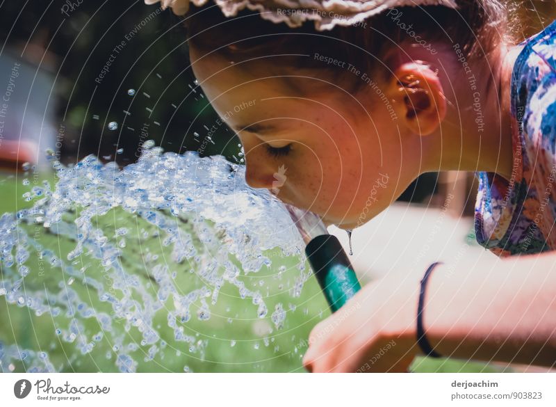 Thirst is beautiful ..., water, enjoy, experience, A girl holds a hose of water in her hand and drinks from it. Beverage Drinking Drinking water Joy Healthy