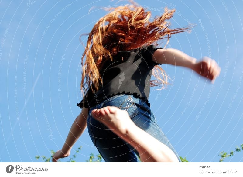 Dana_1 Long-haired Red-haired Jump Trampoline Girl Summer Hop Tall Youth (Young adults) Hair and hairstyles Curl Joy Movement Sky Power Fitness