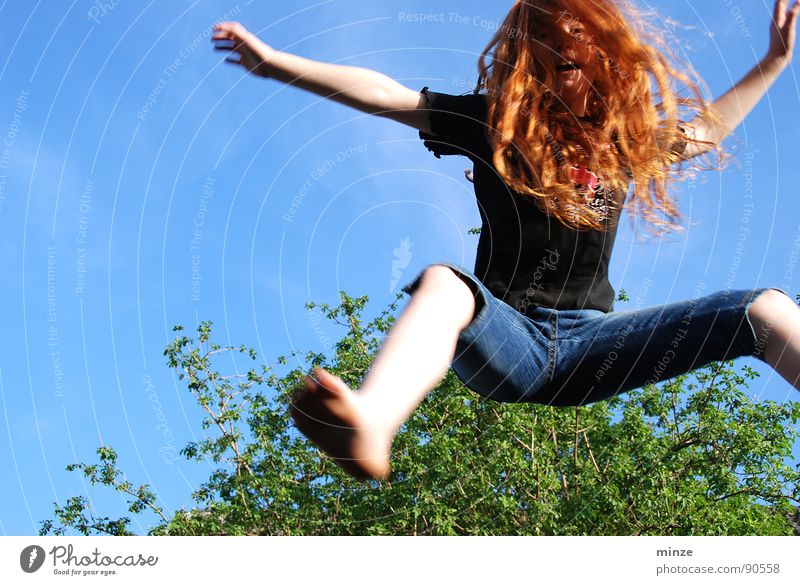 Dana_2 Long-haired Red-haired Jump Trampoline Girl Summer Hop Tall Tree Youth (Young adults) Hair and hairstyles Curl Joy Movement Sky Power Fitness