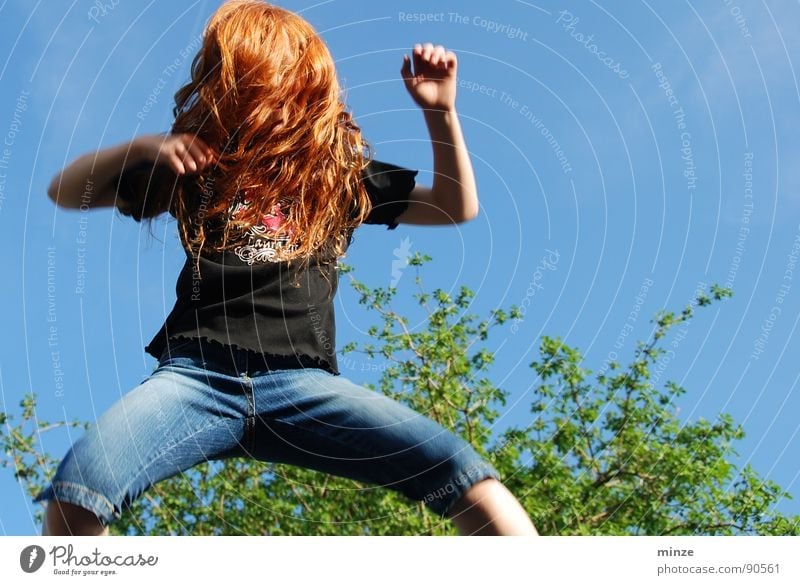 Dana_3 Long-haired Red-haired Jump Trampoline Girl Summer Hop Tall Tree Youth (Young adults) Hair and hairstyles Curl Joy Movement Sky Power Fitness Level