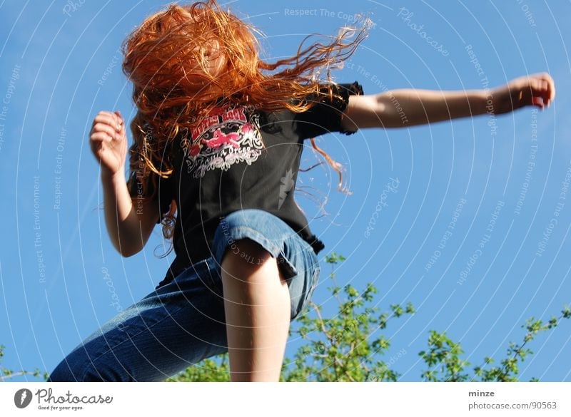 Dana_4 Long-haired Red-haired Jump Trampoline Girl Summer Hop Tall Tree Youth (Young adults) Hair and hairstyles Curl Joy Movement Sky Power Fitness Level